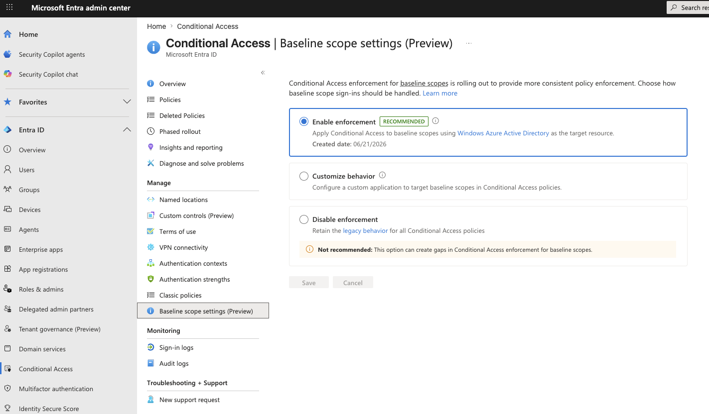 Microsoft Entra admin center showing the Conditional Access Baseline scope settings preview page, with Enable enforcement selected as the recommended option.