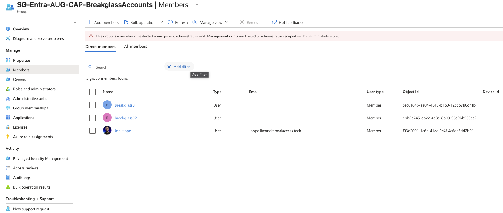 SG-Entra-AUG-CAP-BreakglassAccounts group showing restricted management administrative unit warning in Entra portal