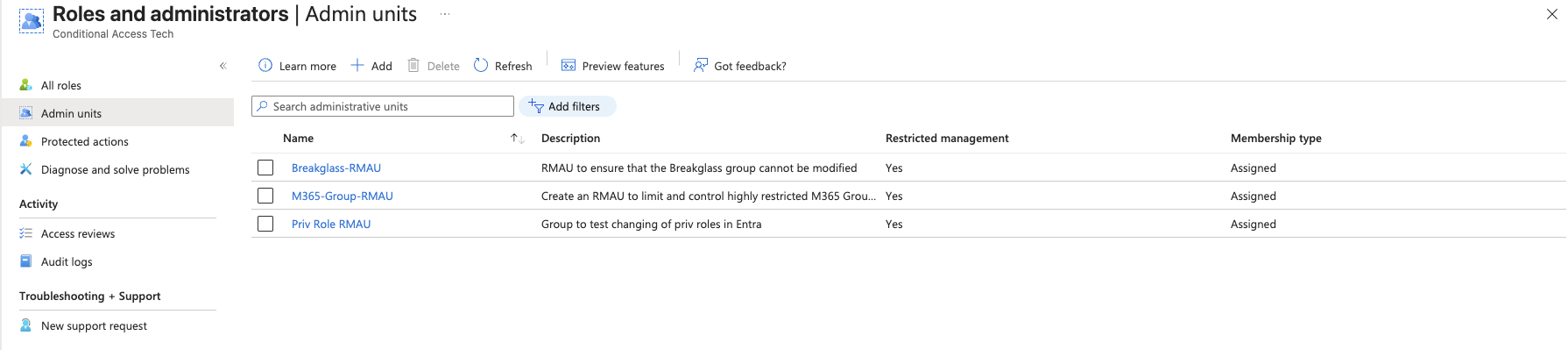 Entra admin center showing Admin units list with existing RMAUs