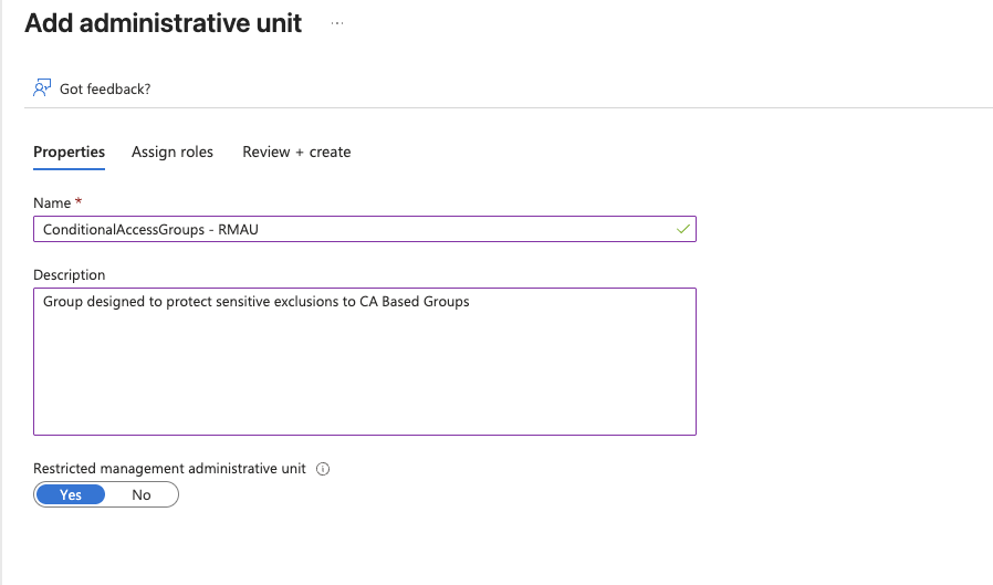 Add administrative unit form showing ConditionalAccessGroups RMAU with Restricted management toggle set to Yes