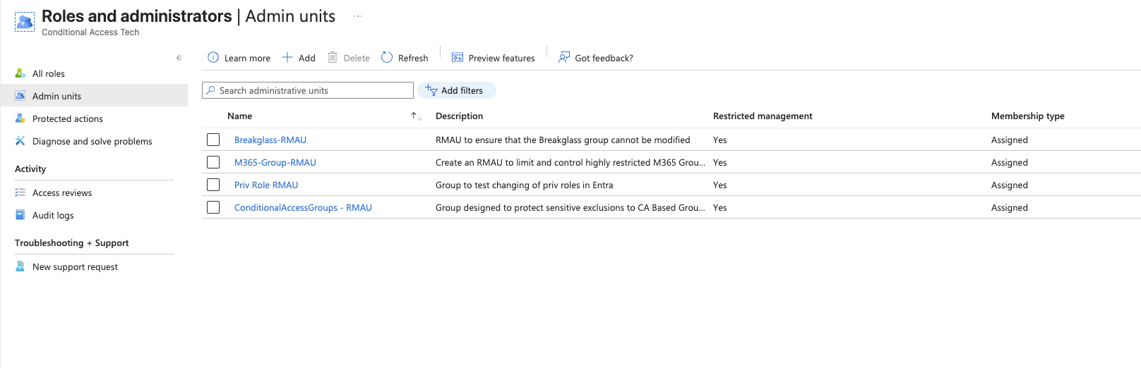 Admin units list now showing ConditionalAccessGroups RMAU alongside existing RMAUs, all with Restricted management Yes
