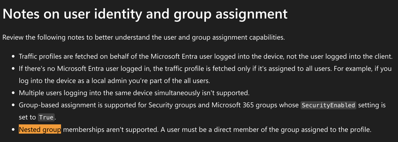 Microsoft documentation screenshot showing Notes on user identity and group assignment for Global Secure Access, with the nested group limitation highlighted in orange