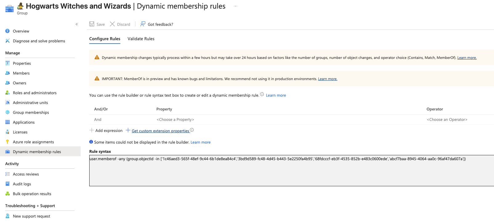 Entra portal showing Dynamic membership rules for Hogwarts Witches and Wizards with a memberOf rule referencing four group object IDs