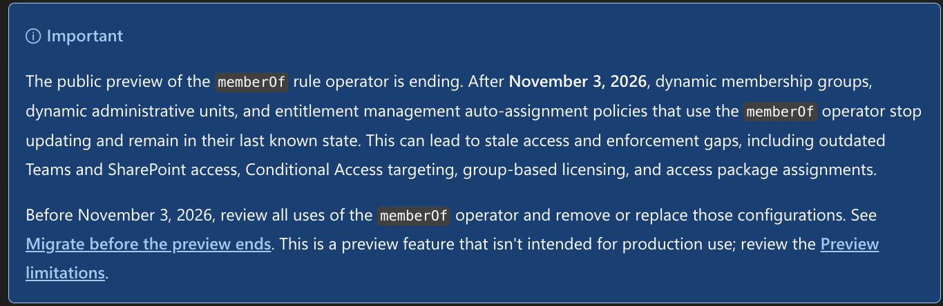 Microsoft documentation Important notice stating the memberOf rule operator public preview ends November 3 2026 and groups will stop updating